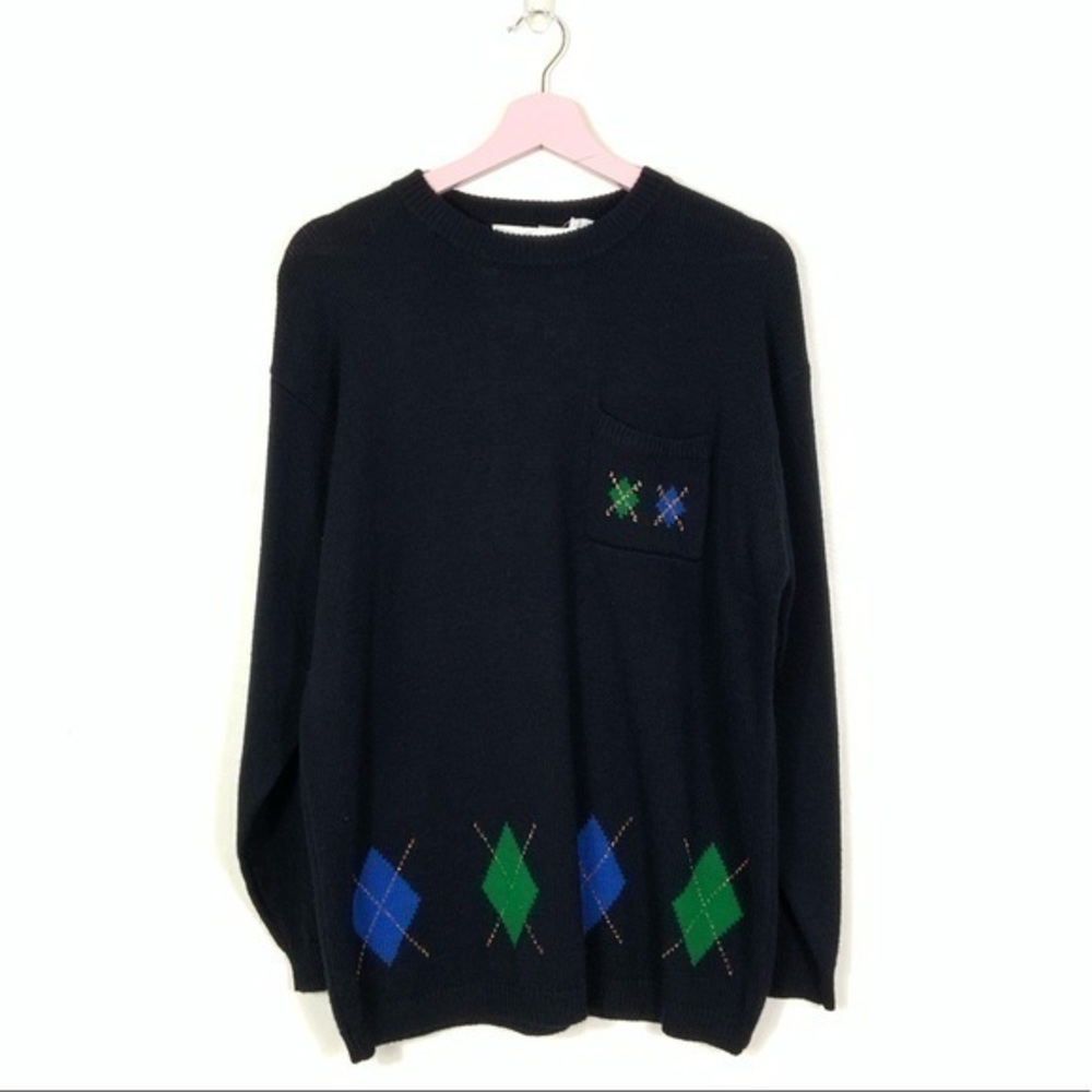 Vintage Weathervane Argyle wool blend crewneck sweater metallic gold accent Med